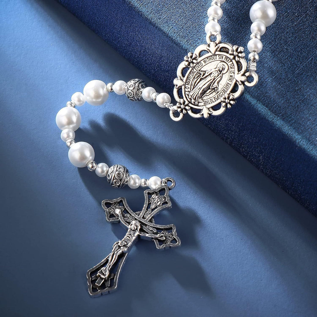 Christianartworkshop Miraculous Medal & Crucifix of 8mm White  Pearl Ball Prayer Beads Rosary