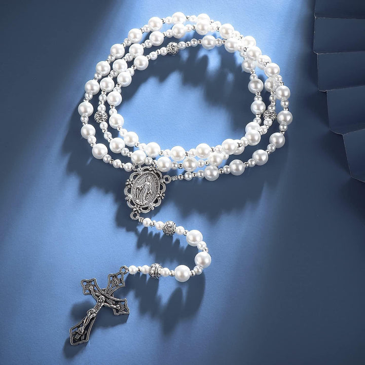 Christianartworkshop Miraculous Medal & Crucifix of 8mm White  Pearl Ball Prayer Beads Rosary