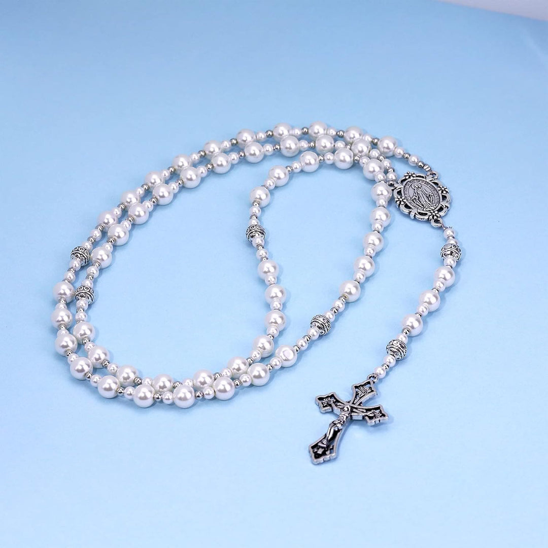 Christianartworkshop Miraculous Medal & Crucifix of 8mm White  Pearl Ball Prayer Beads Rosary