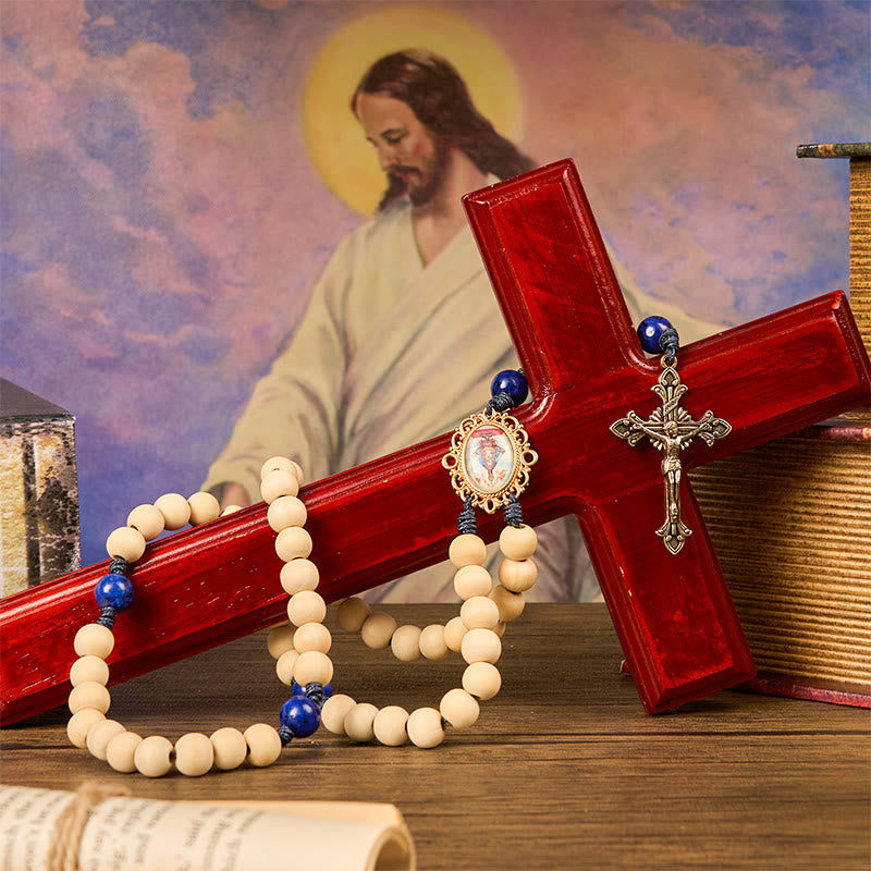 Christianartworkshop Our Lady & Crucifix of 10mm Wooden Beads Lapis Lazuli Our Father Beads Rosary