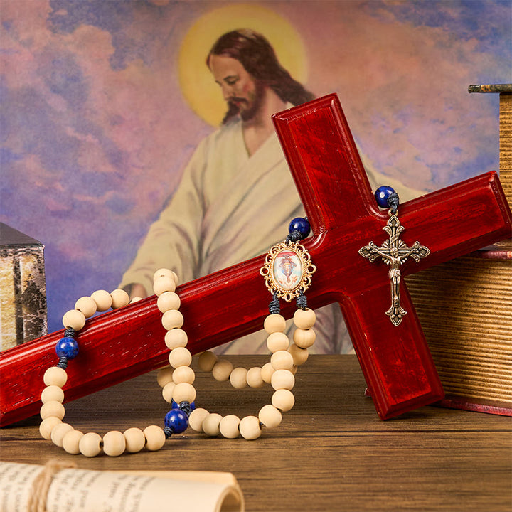 FREE Today: Our Lady & Crucifix of Handmade 10mm Wooden Beads Lapis Lazuli Our Father Beads Rosary