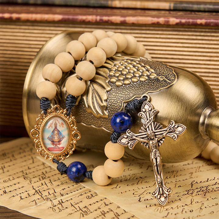 Christianartworkshop Our Lady & Crucifix of 10mm Wooden Beads Lapis Lazuli Our Father Beads Rosary