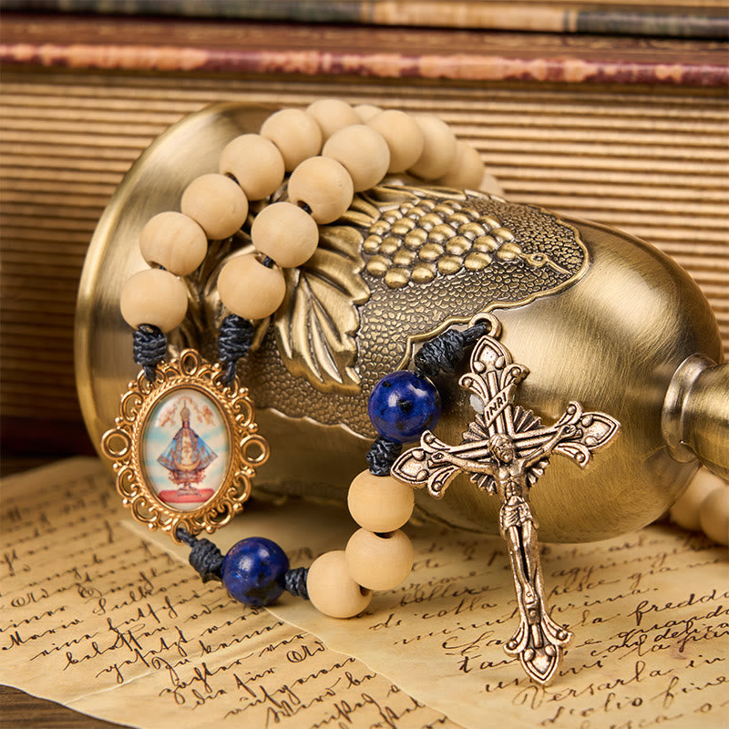 FREE Today: Our Lady & Crucifix of Handmade 10mm Wooden Beads Lapis Lazuli Our Father Beads Rosary