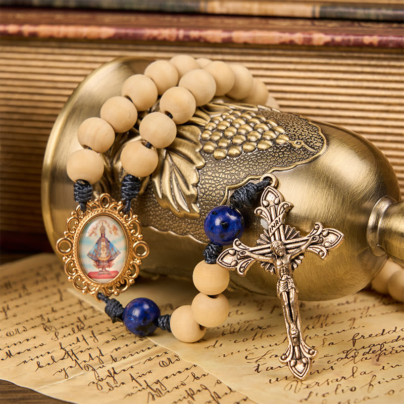 FREE Today: Our Lady & Crucifix of 10mm Wooden Beads Lapis Lazuli Our Father Beads Rosary