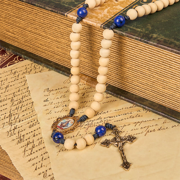 Christianartworkshop Our Lady & Crucifix of 10mm Wooden Beads Lapis Lazuli Our Father Beads Rosary