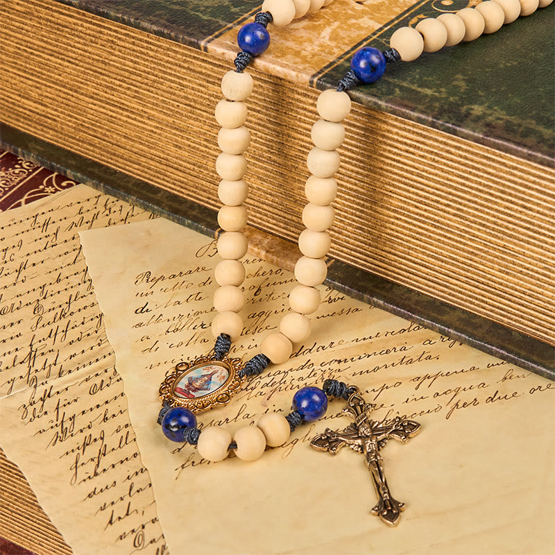 FREE Today: Our Lady & Crucifix of Handmade 10mm Wooden Beads Lapis Lazuli Our Father Beads Rosary