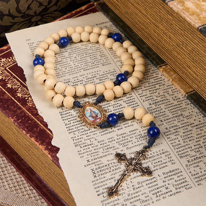 FREE Today: Our Lady & Crucifix of Handmade 10mm Wooden Beads Lapis Lazuli Our Father Beads Rosary
