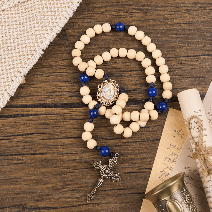 Christianartworkshop PRAYERFUL FAITH: 10mm Handmade Wooden Beads Lapis Lazuli Beads Rosary - image 8