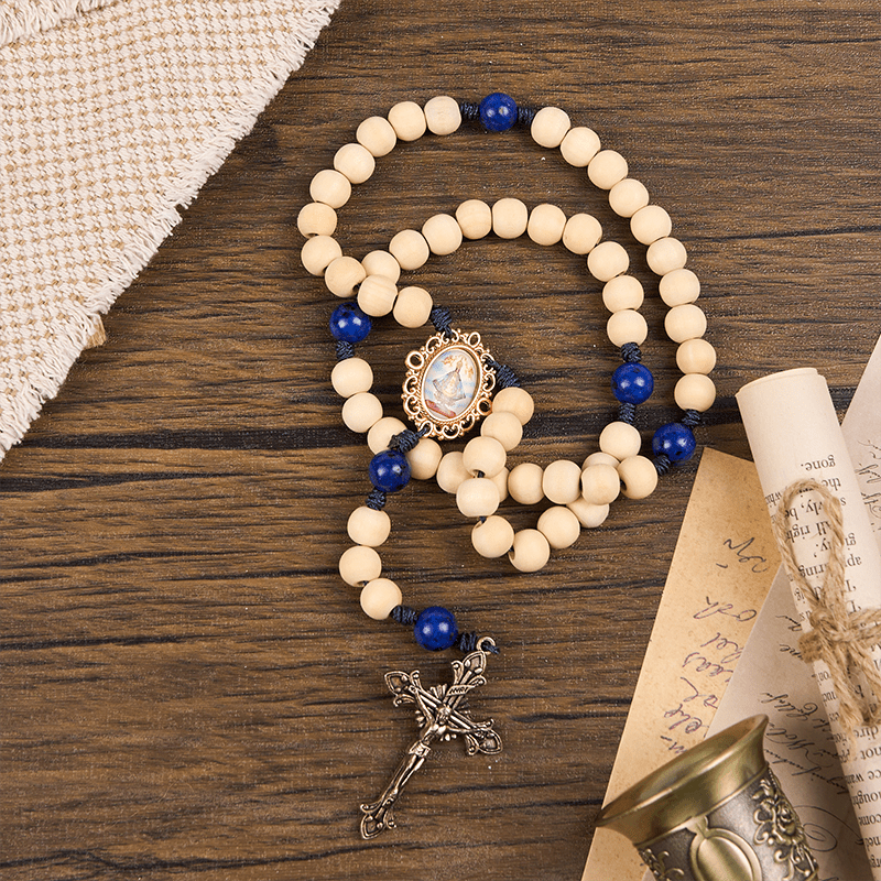 FREE Today: Our Lady & Crucifix of Handmade 10mm Wooden Beads Lapis Lazuli Our Father Beads Rosary