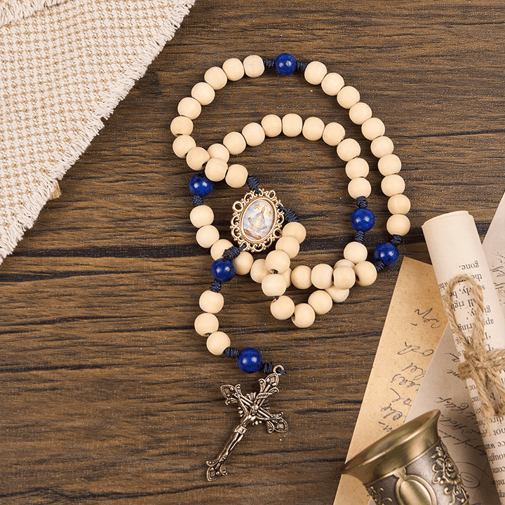 FREE Today: Our Lady & Crucifix of Handmade 10mm Wooden Beads Lapis Lazuli Our Father Beads Rosary