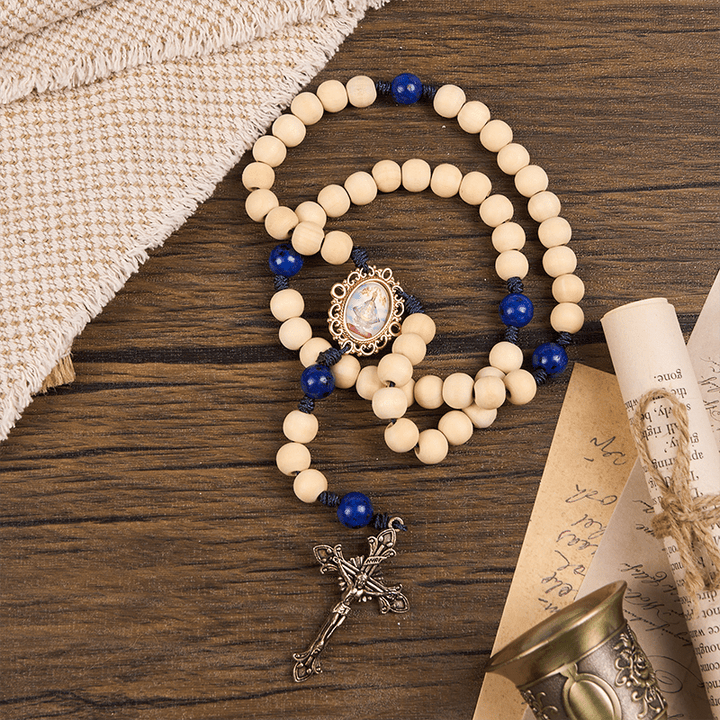 Christianartworkshop PRAYERFUL FAITH: 10mm Handmade Wooden Beads Lapis Lazuli Beads Rosary - image 4