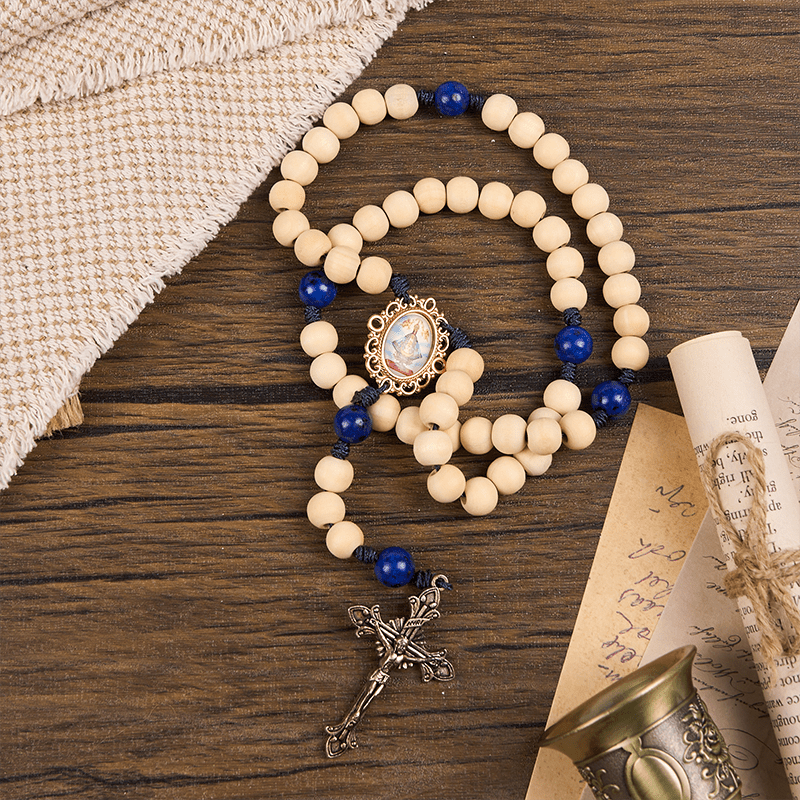 FREE Today: Our Lady & Crucifix of Handmade 10mm Wooden Beads Lapis Lazuli Our Father Beads Rosary
