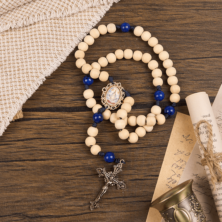 FREE Today: Our Lady & Crucifix of Handmade 10mm Wooden Beads Lapis Lazuli Our Father Beads Rosary