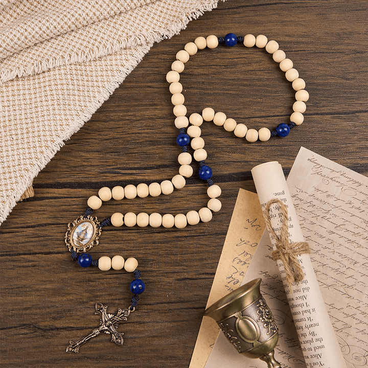 FREE Today: Our Lady & Crucifix of Handmade 10mm Wooden Beads Lapis Lazuli Our Father Beads Rosary