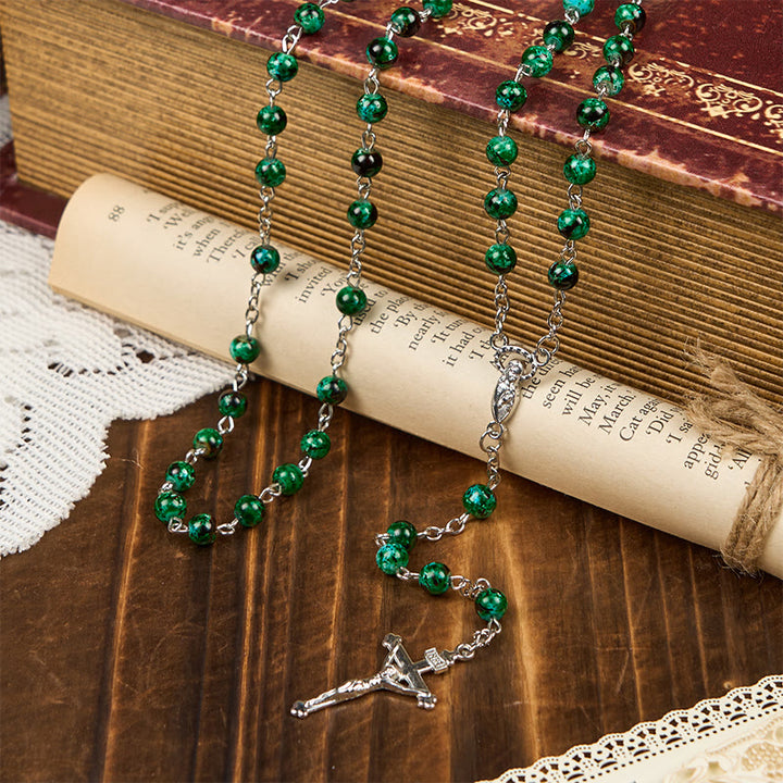 FREE Today: Our Lady & Crucifix of 6mm Green Pattern Glass Beads Prayer Rosary