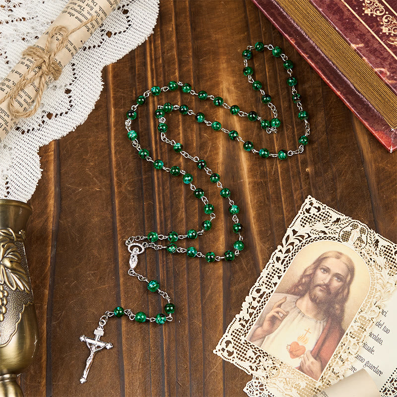 FREE Today: Our Lady & Crucifix of 6mm Green Pattern Glass Beads Prayer Rosary