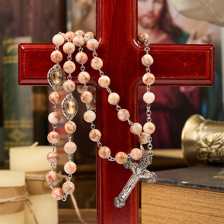 Christianartworkshop Our Lady Pray For US & Crucifix of 8mm Red Stone Prayer Beads Rosary