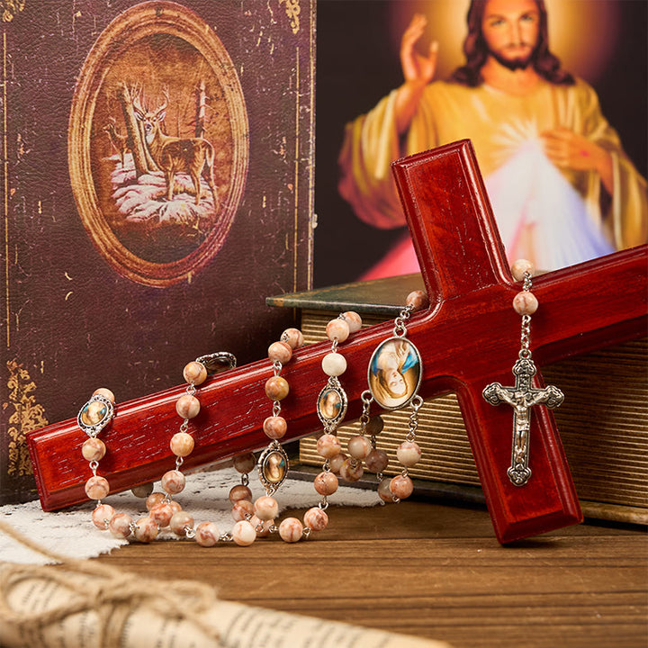 Christianartworkshop Our Lady Pray For US & Crucifix of 8mm Red Stone Prayer Beads Rosary