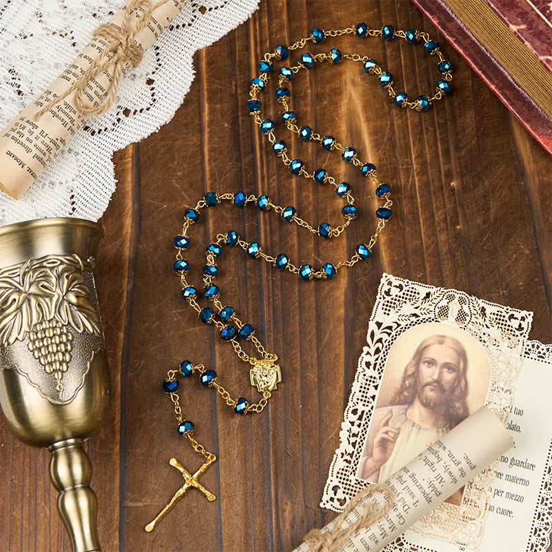 Christianartworkshop Jesus Icon & Crucifix of 8mm Royal Blue Crystal Beads Prayer Rosary