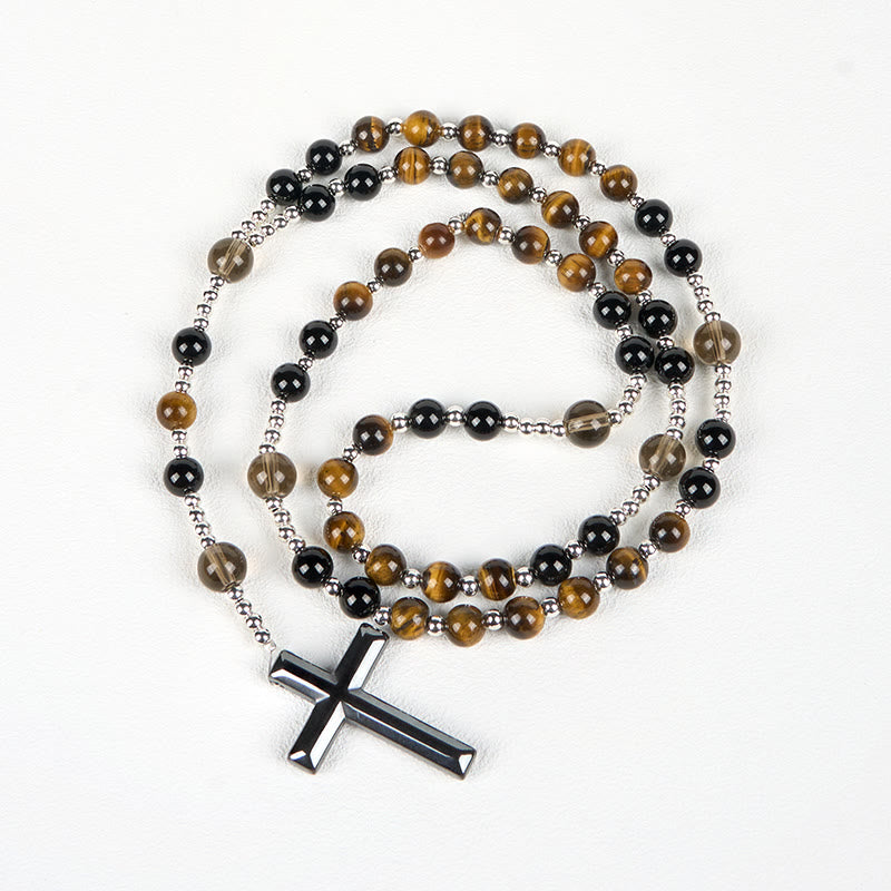 Christianartworkshop Natural Obsidian Tiger's Eye Rosary Necklace - Hematite Stone Cross Protection Rosary