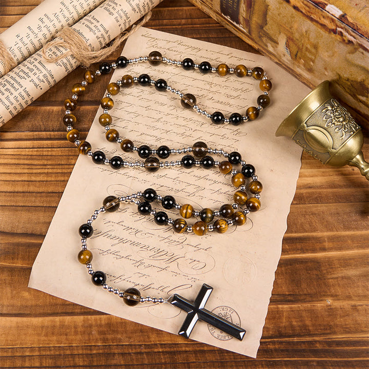 Christianartworkshop Natural Obsidian Tiger's Eye Rosary Necklace - Hematite Stone Cross Protection Rosary