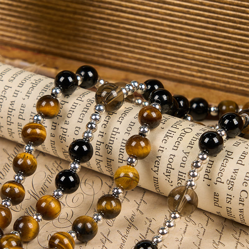 Christianartworkshop Natural Obsidian Tiger's Eye Rosary Necklace - Hematite Stone Cross Protection Rosary