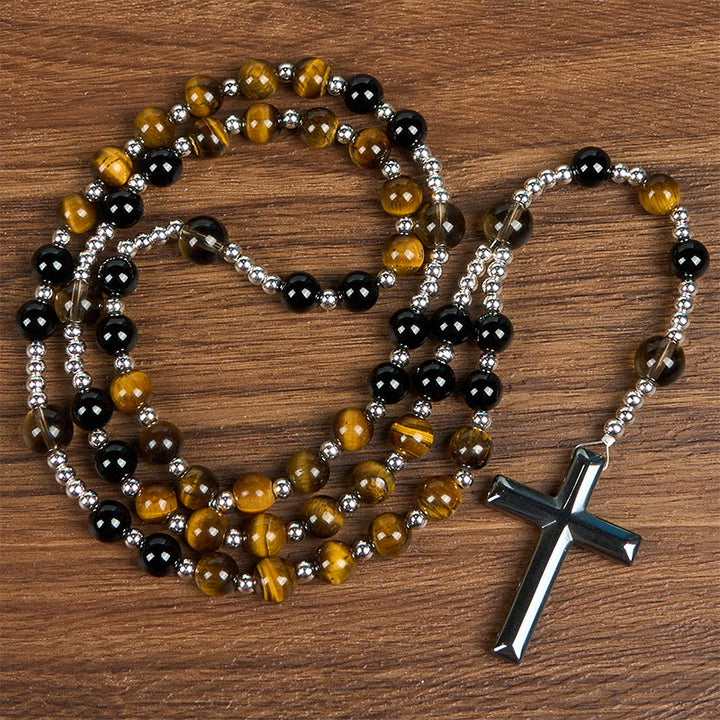 Christianartworkshop Natural Obsidian Tiger's Eye Rosary Necklace - Hematite Stone Cross Protection Rosary