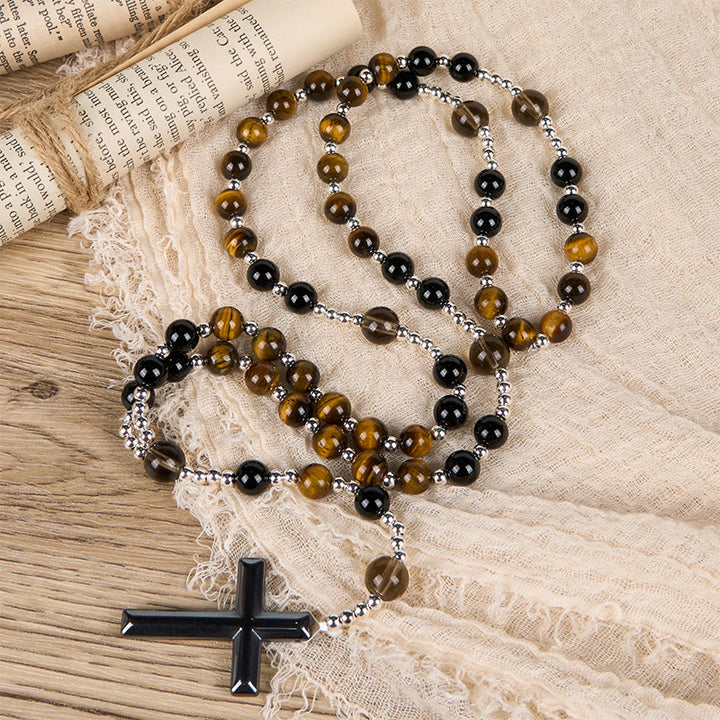 Christianartworkshop Natural Obsidian Tiger's Eye Rosary Necklace - Hematite Stone Cross Protection Rosary