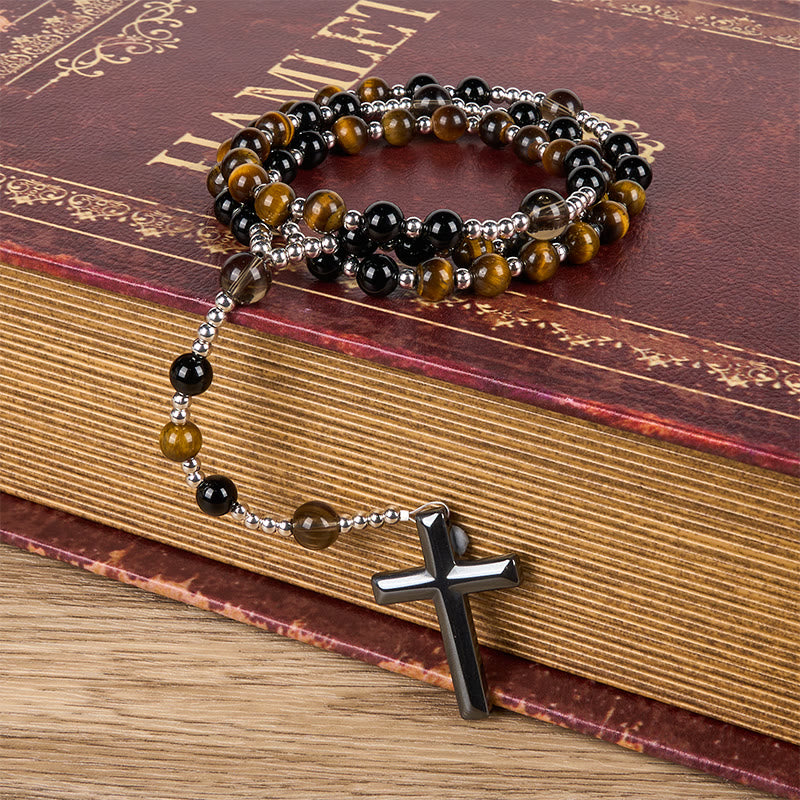 Christianartworkshop Natural Obsidian Tiger's Eye Rosary Necklace - Hematite Stone Cross Protection Rosary