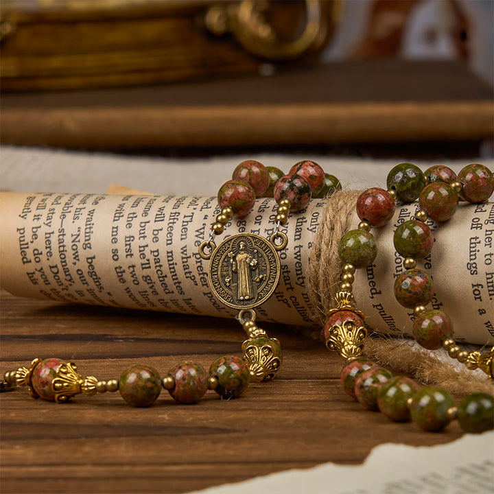 Christianartworkshop St. Benedict & Crucifix of 8mm Handmade Chrysocolla Stone Rosary - Exclusive Crafted for Holy Prayer