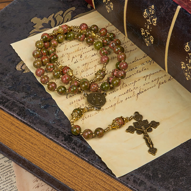 Christianartworkshop St. Benedict & Crucifix of 8mm Handmade Chrysocolla Stone Rosary - Exclusive Crafted for Holy Prayer