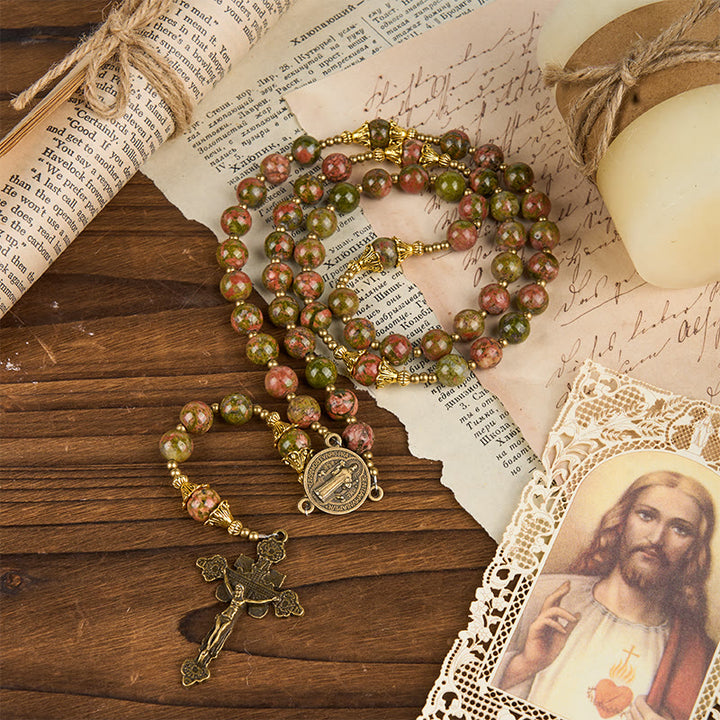 Christianartworkshop St. Benedict & Crucifix of 8mm Handmade Chrysocolla Stone Rosary - Exclusive Crafted for Holy Prayer
