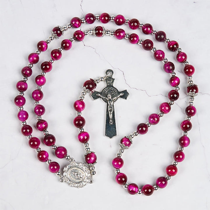 Christianartworkshop Miraculous Medal & Crucifix of 8mm Pink Tiger Eye Gemstone Beads Rosary