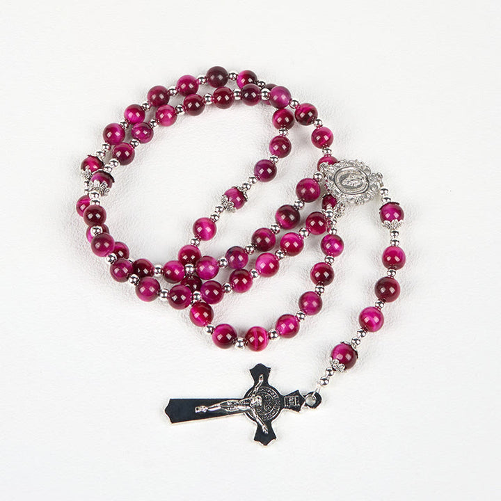 Christianartworkshop Miraculous Medal & Crucifix of 8mm Pink Tiger Eye Gemstone Beads Rosary