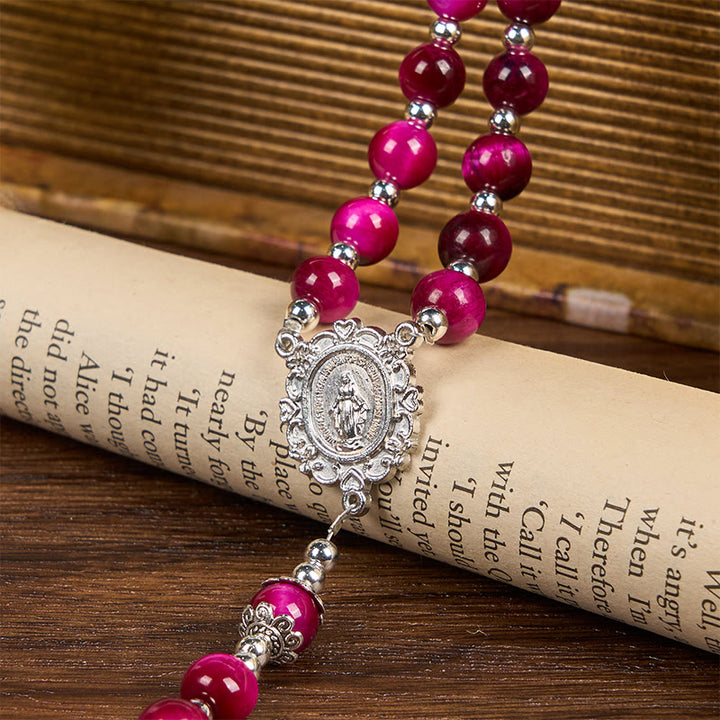 Christianartworkshop Miraculous Medal & Crucifix of 8mm Pink Tiger Eye Gemstone Beads Rosary