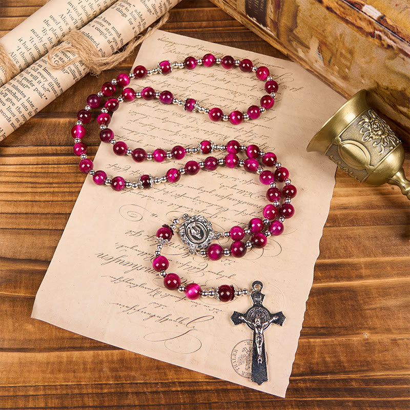 Christianartworkshop Miraculous Medal & Crucifix of 8mm Pink Tiger Eye Gemstone Beads Rosary