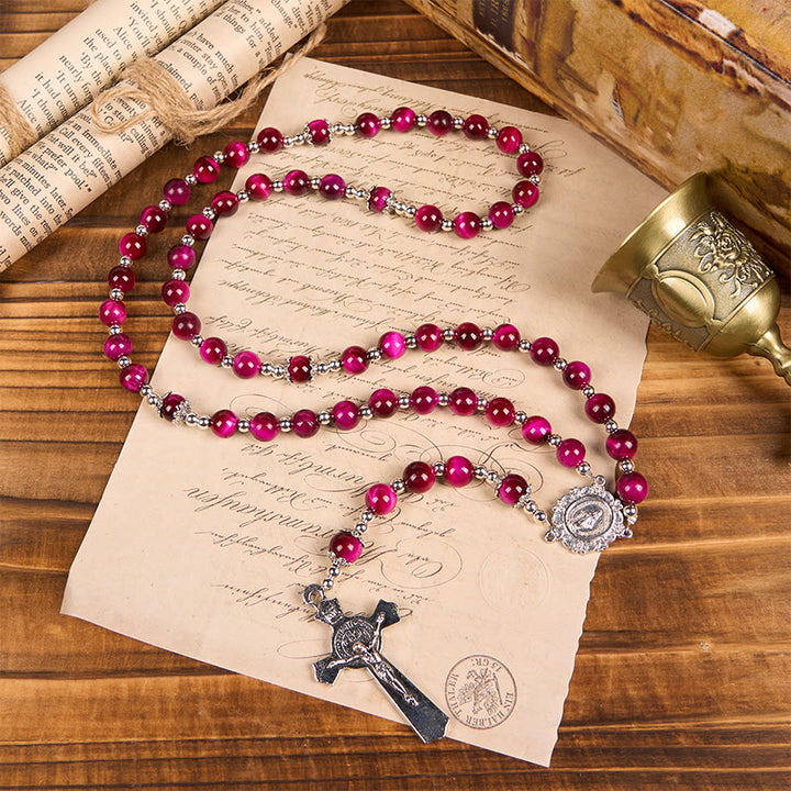 Christianartworkshop Miraculous Medal & Crucifix of 8mm Pink Tiger Eye Gemstone Beads Rosary