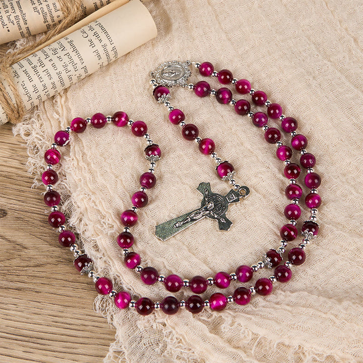 Christianartworkshop Miraculous Medal & Crucifix of 8mm Pink Tiger Eye Gemstone Beads Rosary