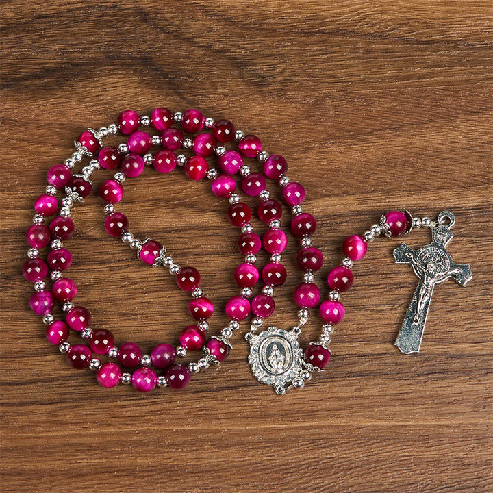 Christianartworkshop Miraculous Medal & Crucifix of 8mm Pink Tiger Eye Gemstone Beads Rosary