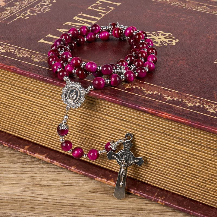 Christianartworkshop Miraculous Medal & Crucifix of 8mm Pink Tiger Eye Gemstone Beads Rosary