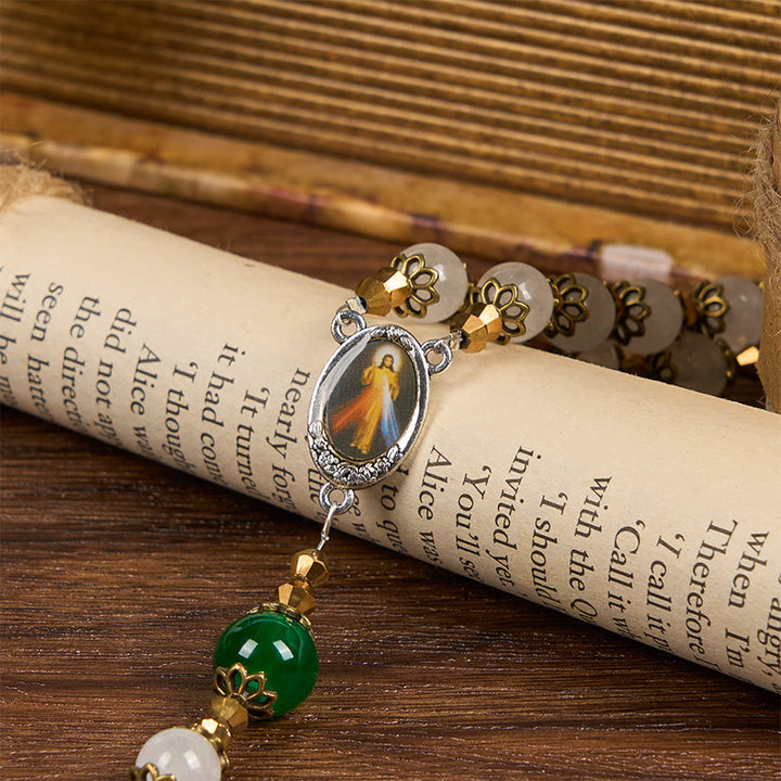 Christianartworkshop Vintage Style Divine Mercy Jesus & Pardon Crucifix of 8mm Stone Beads Prayer Rosary