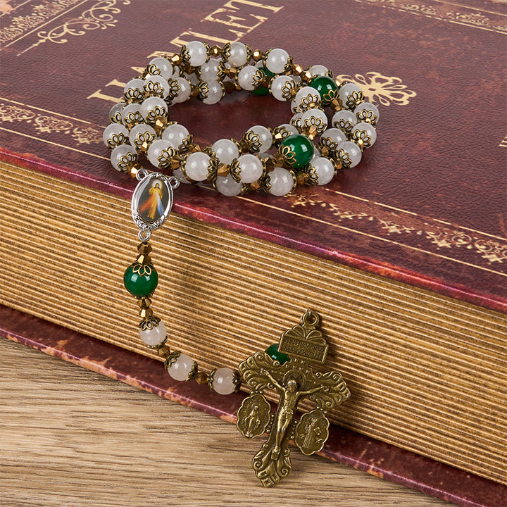 Christianartworkshop Vintage Style Divine Mercy Jesus & Pardon Crucifix of 8mm Stone Beads Prayer Rosary