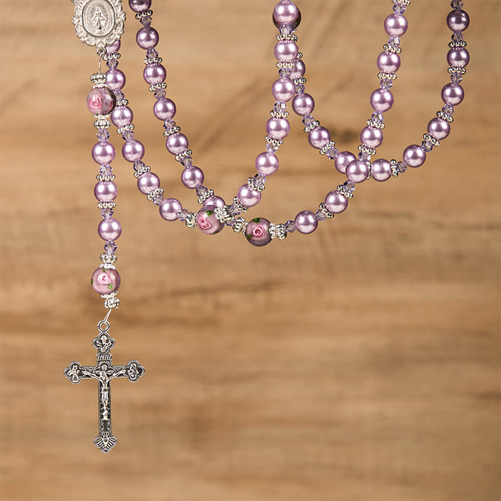 Christianartworkshop Miraculous Medal & Crucifix 8mm Purple Pearl & Crystal Rosary - Sacred Beads for Holy Prayer