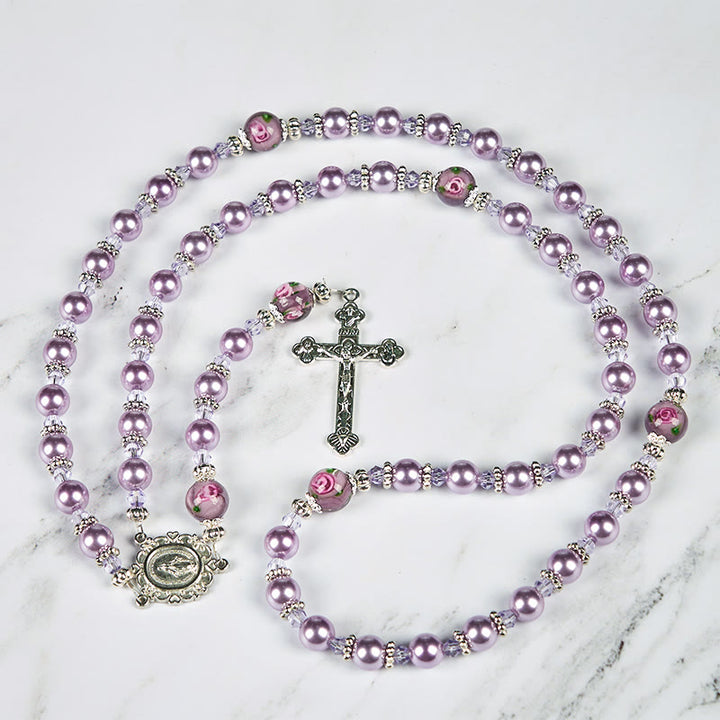 Christianartworkshop Miraculous Medal & Crucifix 8mm Purple Pearl & Crystal Rosary - Sacred Beads for Holy Prayer