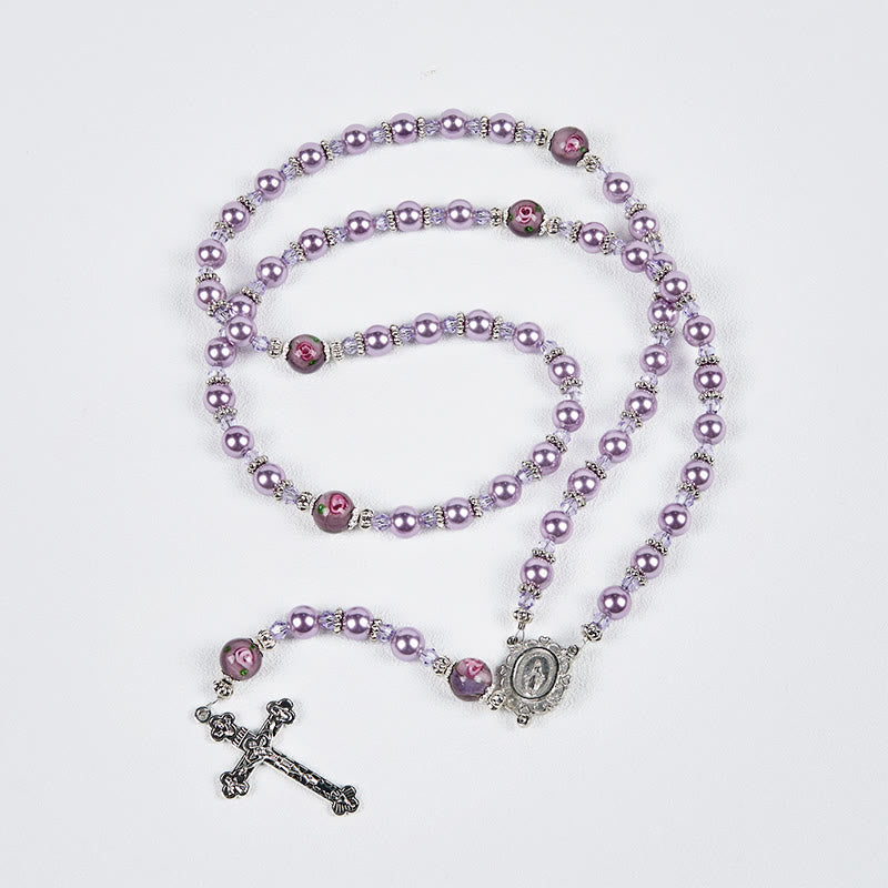 Christianartworkshop Miraculous Medal & Crucifix 8mm Purple Pearl & Crystal Rosary - Sacred Beads for Holy Prayer