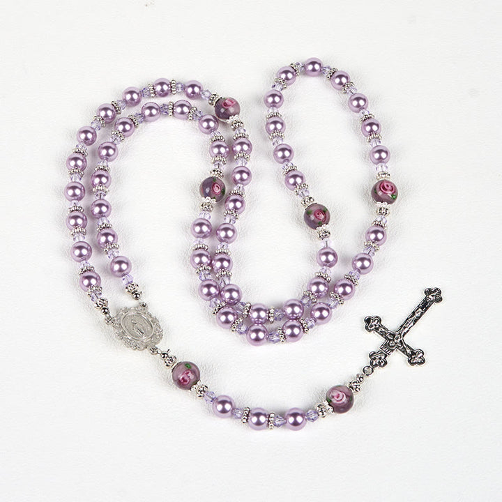 Christianartworkshop Miraculous Medal & Crucifix 8mm Purple Pearl & Crystal Rosary - Sacred Beads for Holy Prayer