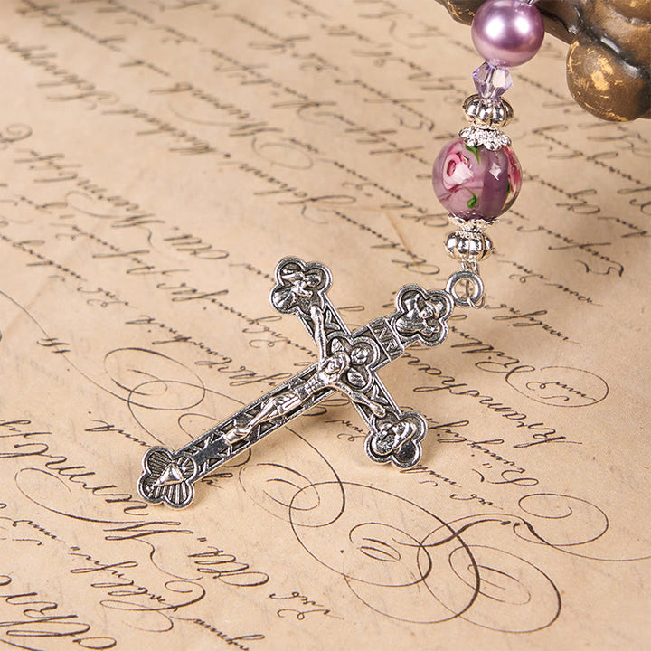 Christianartworkshop Miraculous Medal & Crucifix 8mm Purple Pearl & Crystal Rosary - Sacred Beads for Holy Prayer