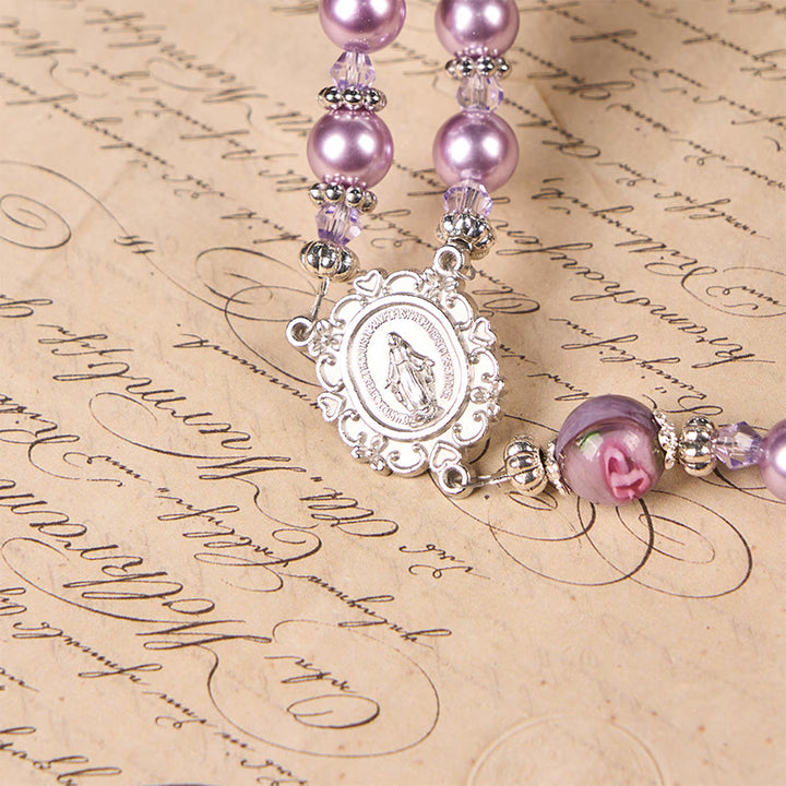 Christianartworkshop Miraculous Medal & Crucifix 8mm Purple Pearl & Crystal Rosary - Sacred Beads for Holy Prayer