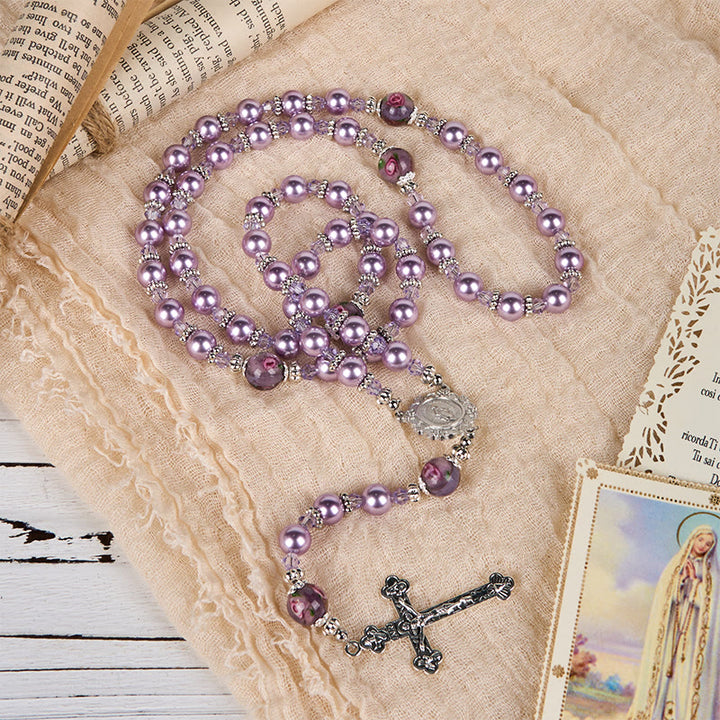 Christianartworkshop Miraculous Medal & Crucifix 8mm Purple Pearl & Crystal Rosary - Sacred Beads for Holy Prayer