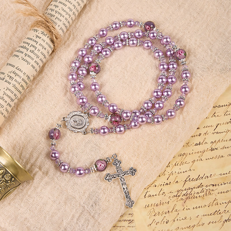 Christianartworkshop Miraculous Medal & Crucifix 8mm Purple Pearl & Crystal Rosary - Sacred Beads for Holy Prayer